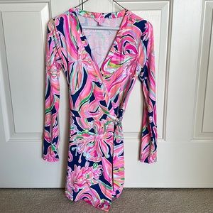 Lilly Pulitzer Tiki wrap long sleeve Romper Floral Print Pink/Blue Wrap Front XS